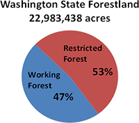 Washington State Forestland: 22,983,438 acres; Restricted Forest: 53%; Working Forest: 47%